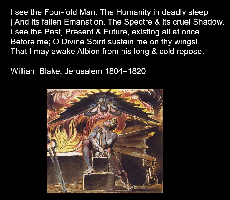 A depiction of a contemplative figure seated on a stone, surrounded by vivid colors and abstract forms, representing themes of humanity and spiritual awakening. The work includes text from William Blake's poem 'Jerusalem' written in the early 19th century.