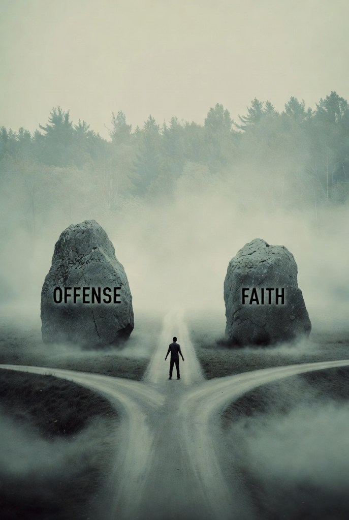A person standing at a crossroads between two large rocks labeled 'Offense' and 'Faith', surrounded by misty forest.